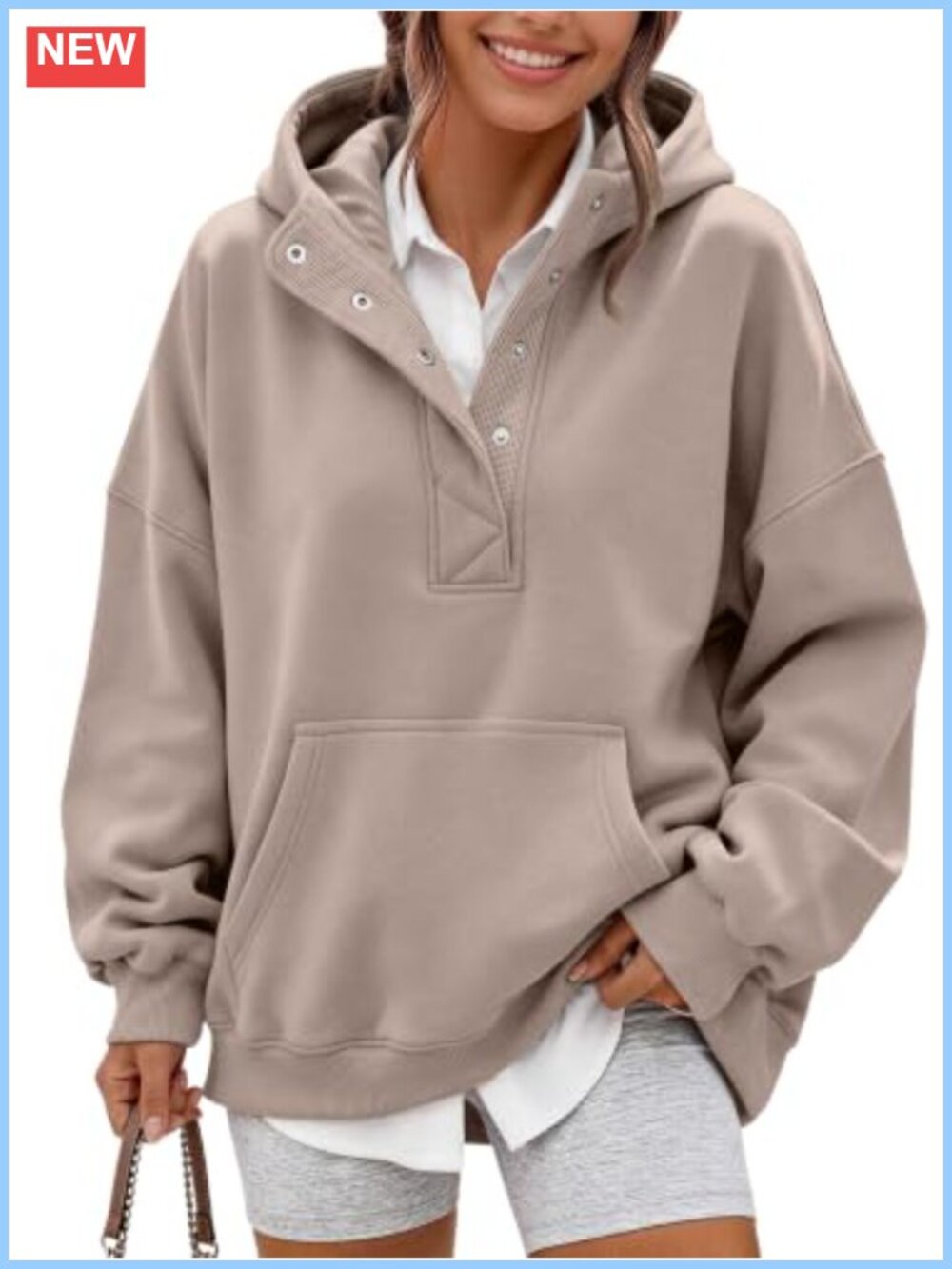 Women's Oversized Fleece Hoodie Henley Neck Snap Pullover